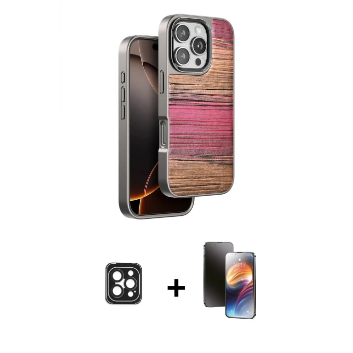 ieg™ iPhone 16 Pro Max Kılıf Atlas Minimal Özel Seri - Siyah 3D Antistatik Mat Seramik Nano Ekran Koruyucu + PVD Metal Kamera Lens - SH