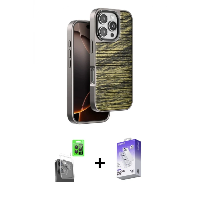 ieg™ iPhone 16 Pro Max Kılıf Atlas Minimal Özel Seri - Siyah Bilvis 5in1 3D Magic Cam Ekran Koruyucu + Raze Metal Kamera Lens - SH