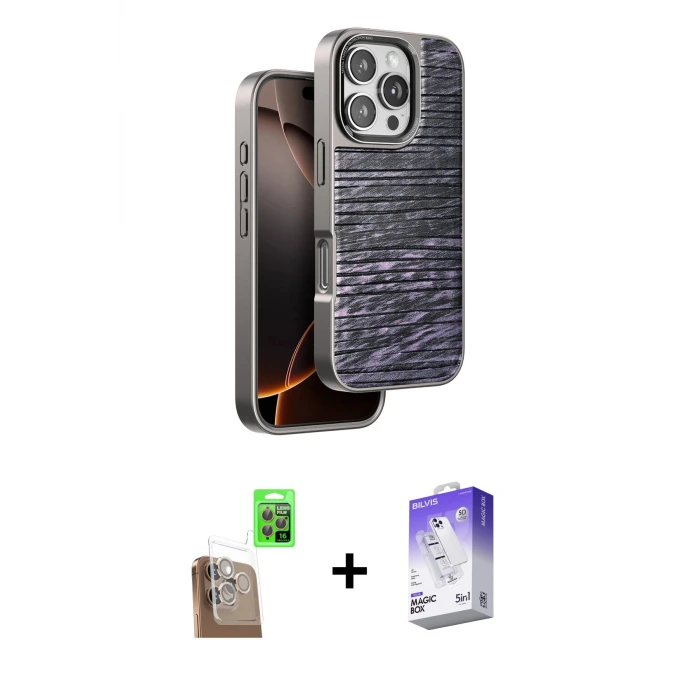 ieg™ iPhone 16 Pro Max Kılıf Atlas Minimal Özel Seri - Siyah Bilvis 5in1 3D Magic Cam Ekran Koruyucu + Raze Metal Kamera Lens - CLTM