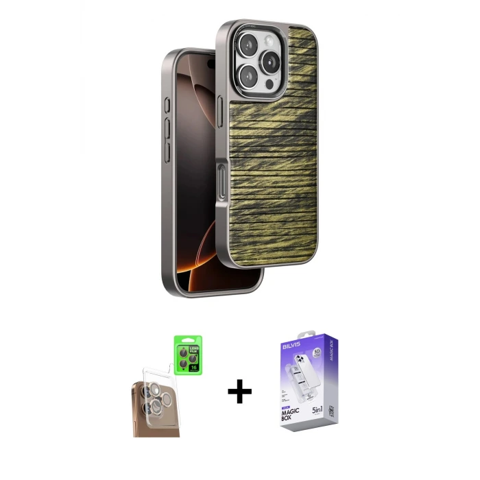 ieg™ iPhone 16 Pro Max Kılıf Atlas Minimal Özel Seri - Siyah Bilvis 5in1 3D Magic Cam Ekran Koruyucu + Raze Metal Kamera Lens - CLTM
