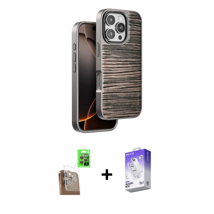 ieg™ iPhone 16 Pro Max Kılıf Atlas Minimal Özel Seri - Siyah Bilvis 5in1 3D Magic Cam Ekran Koruyucu + Raze Metal Kamera Lens - CLTM