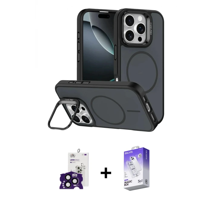 ieg™ iPhone 16 Pro Max Kılıf Çekirdek Klasik - Siyah Bilvis 5in1 3D Magic Cam Ekran Koruyucu + Bilvis Titan Kamera Lens - SH