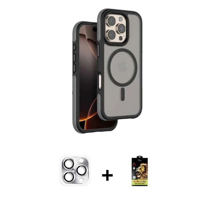 ieg™ iPhone 16 Pro Max Kılıf Çekirdek Minimal Prime - Siyah Buffer Cam Ekran Koruyucu + Pers Alüminyum Kamera Lens - GS