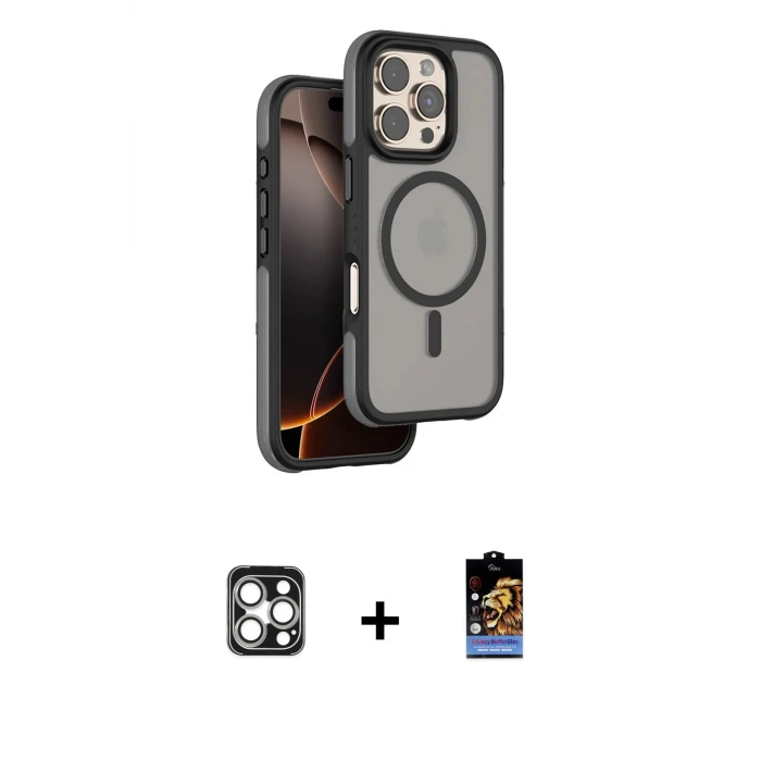 ieg™ iPhone 16 Pro Max Kılıf Çekirdek Minimal Prime - Siyah Buffer Hayalet Cam Ekran Koruyucu + PVD Metal Kamera Lens - GS
