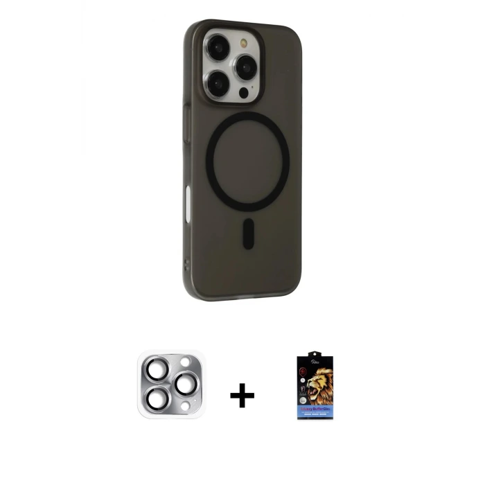 ieg™ iPhone 16 Pro Max Kılıf Çekirdek Modern Prime - Siyah Buffer Hayalet Cam Ekran Koruyucu + Pers Alüminyum Kamera Lens - GI