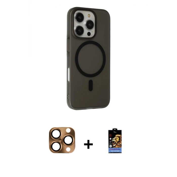 ieg™ iPhone 16 Pro Max Kılıf Çekirdek Modern Prime - Siyah Buffer Hayalet Cam Ekran Koruyucu + Pers Alüminyum Kamera Lens - CLTM