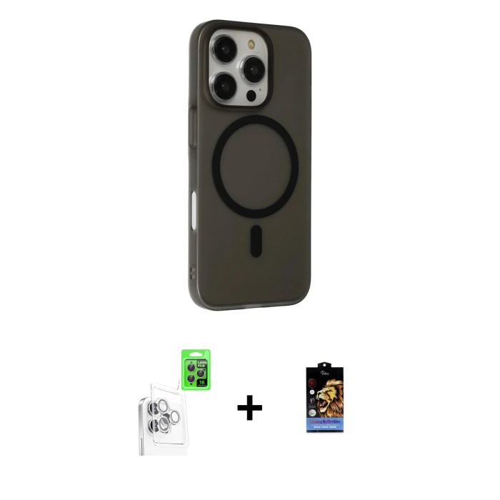 ieg™ iPhone 16 Pro Max Kılıf Çekirdek Modern Prime - Siyah Buffer Hayalet Cam Ekran Koruyucu + Raze Metal Kamera Lens - BZ