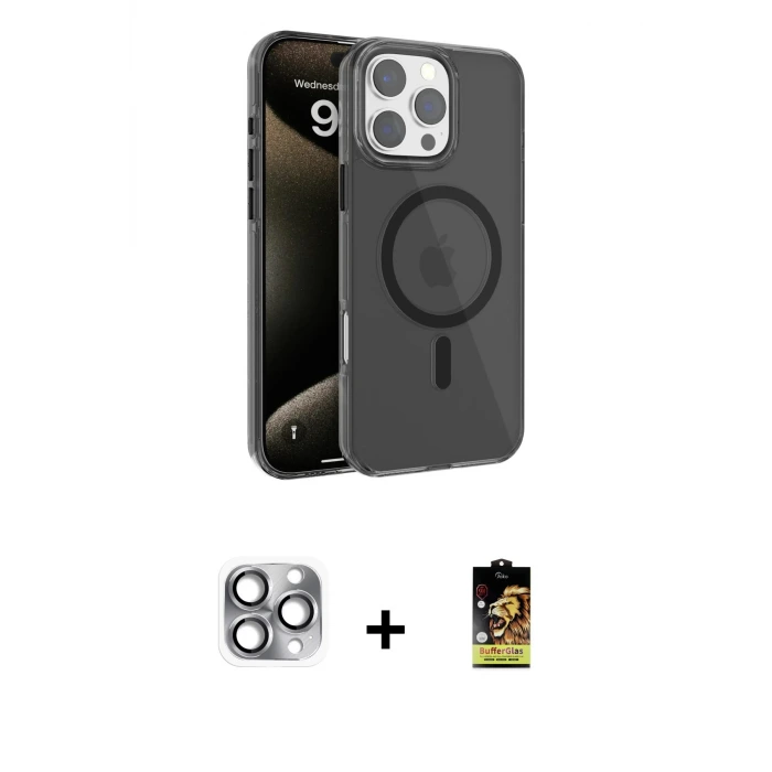 ieg™ iPhone 16 Pro Max Kılıf Doruk Doku Özel Seri - Siyah Buffer Cam Ekran Koruyucu + Pers Alüminyum Kamera Lens - GI