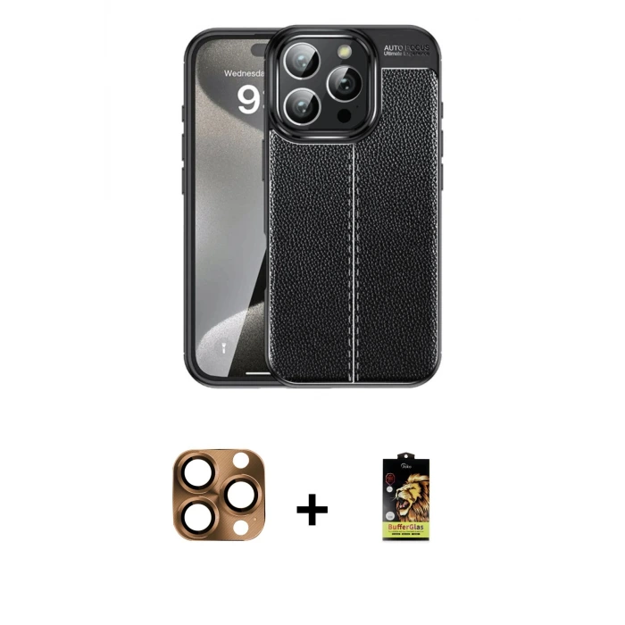 ieg™ iPhone 16 Pro Max Kılıf Doruk Klasik Özel Seri - Siyah Buffer Cam Ekran Koruyucu + Pers Alüminyum Kamera Lens - CLTM