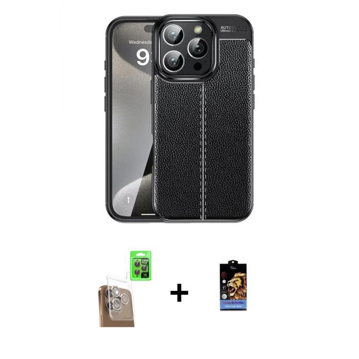 ieg™ iPhone 16 Pro Max Kılıf Doruk Klasik Özel Seri - Siyah Buffer Hayalet Cam Ekran Koruyucu + Raze Metal Kamera Lens - CLTM