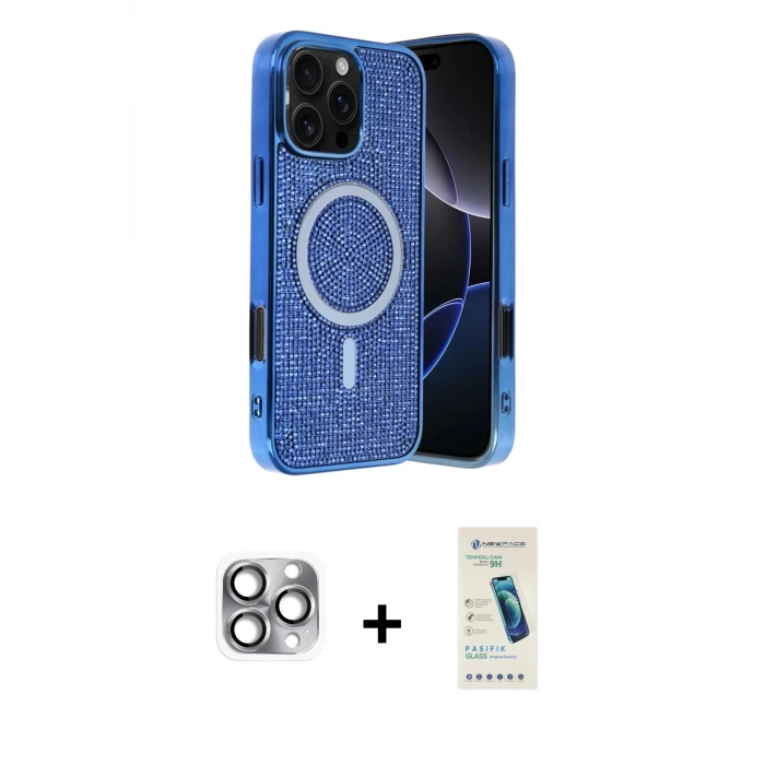 ieg™ iPhone 16 Pro Max Kılıf Eksen Çizgi - Şeffaf Pasifik Cam Ekran Koruyucu + Pers Alüminyum Kamera Lens - GI