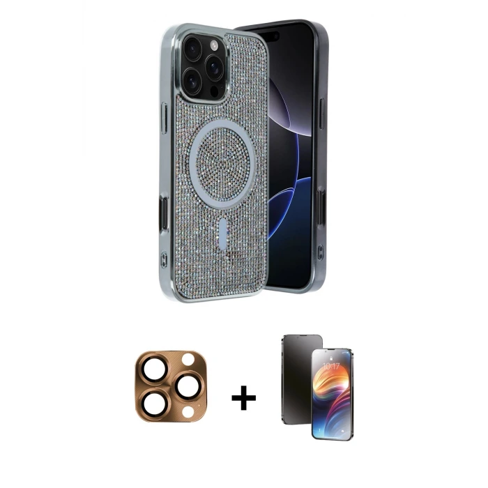 ieg™ iPhone 16 Pro Max Kılıf Eksen Çizgi - Siyah 3D Antistatik Mat Seramik Nano Ekran Koruyucu + Pers Alüminyum Kamera Lens - CLTM
