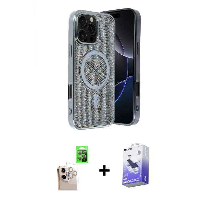 ieg™ iPhone 16 Pro Max Kılıf Eksen Çizgi - Siyah Bilvis 5in1 5D Magic Hayalet Cam Ekran Koruyucu + Raze Metal Kamera Lens - NLGY