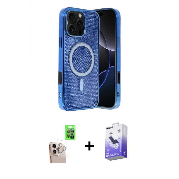 ieg™ iPhone 16 Pro Max Kılıf Eksen Çizgi - Siyah Bilvis 5in1 5D Magic Hayalet Cam Ekran Koruyucu + Raze Metal Kamera Lens - NLGY