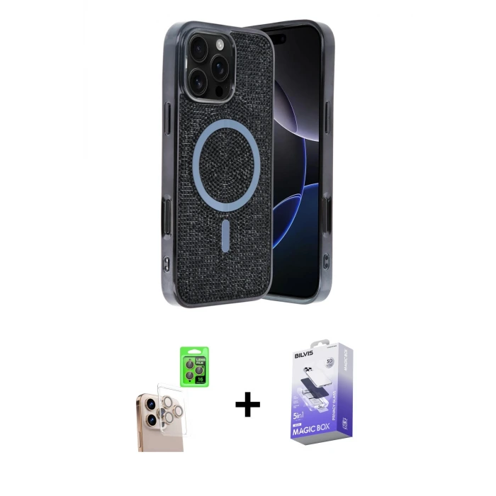 ieg™ iPhone 16 Pro Max Kılıf Eksen Çizgi - Siyah Bilvis 5in1 5D Magic Hayalet Cam Ekran Koruyucu + Raze Metal Kamera Lens - NLGY