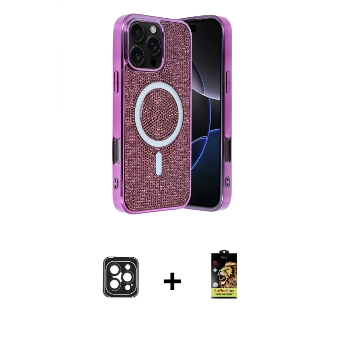 ieg™ iPhone 16 Pro Max Kılıf Eksen Çizgi - Siyah Buffer Cam Ekran Koruyucu + PVD Metal Kamera Lens - SH