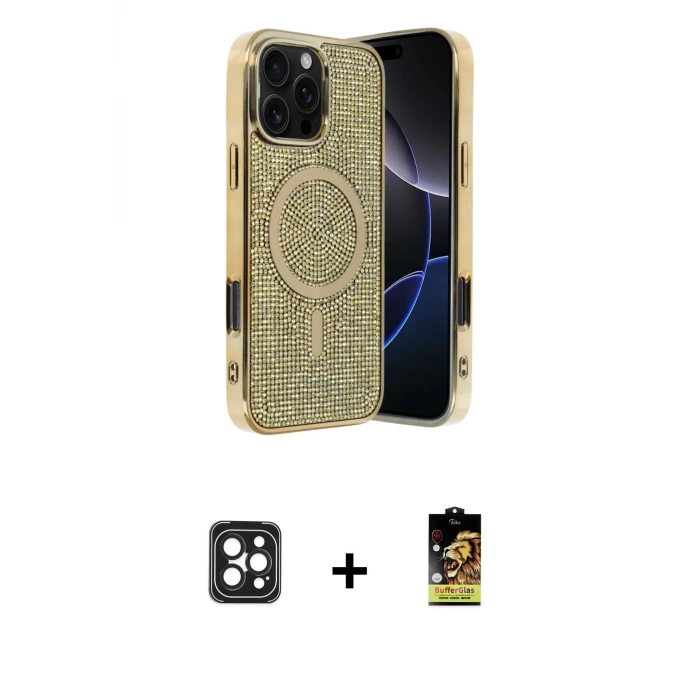 ieg™ iPhone 16 Pro Max Kılıf Eksen Çizgi - Siyah Buffer Cam Ekran Koruyucu + PVD Metal Kamera Lens - SH