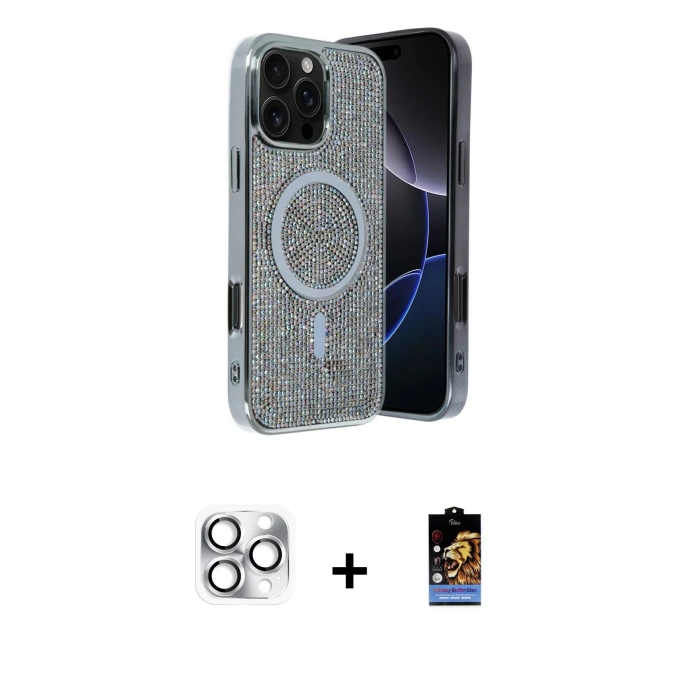 ieg™ iPhone 16 Pro Max Kılıf Eksen Çizgi - Siyah Buffer Hayalet Cam Ekran Koruyucu + Pers Alüminyum Kamera Lens - GS