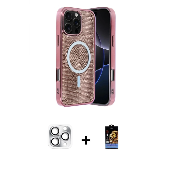 ieg™ iPhone 16 Pro Max Kılıf Eksen Çizgi - Siyah Buffer Hayalet Cam Ekran Koruyucu + Pers Alüminyum Kamera Lens - GS