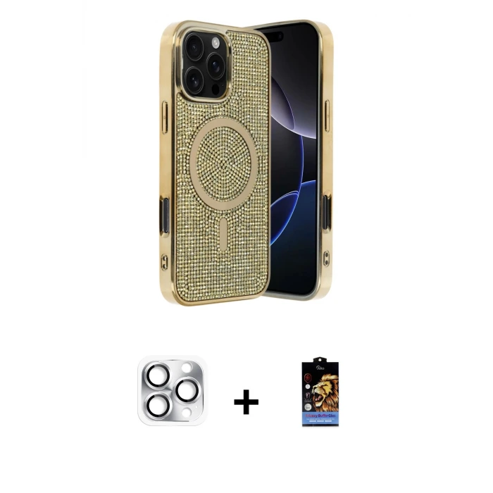 ieg™ iPhone 16 Pro Max Kılıf Eksen Çizgi - Siyah Buffer Hayalet Cam Ekran Koruyucu + Pers Alüminyum Kamera Lens - GS