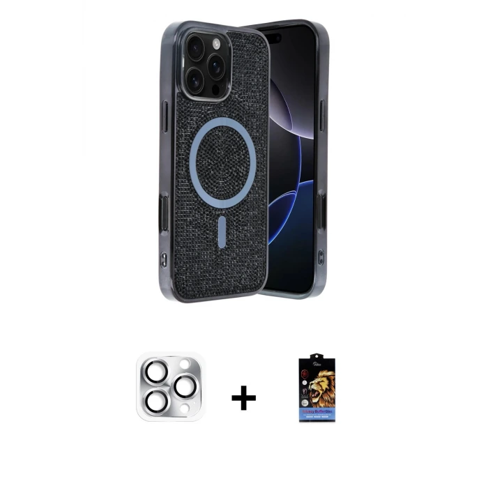 ieg™ iPhone 16 Pro Max Kılıf Eksen Çizgi - Siyah Buffer Hayalet Cam Ekran Koruyucu + Pers Alüminyum Kamera Lens - GS