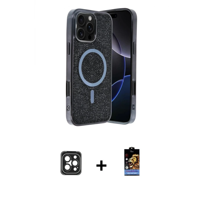 ieg™ iPhone 16 Pro Max Kılıf Eksen Çizgi - Siyah Buffer Hayalet Cam Ekran Koruyucu + PVD Metal Kamera Lens - SH