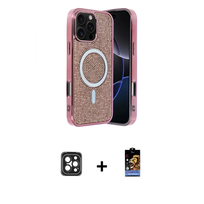 ieg™ iPhone 16 Pro Max Kılıf Eksen Çizgi - Siyah Buffer Hayalet Cam Ekran Koruyucu + PVD Metal Kamera Lens - SH