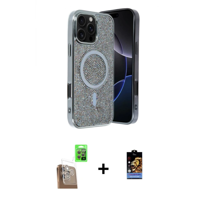 ieg™ iPhone 16 Pro Max Kılıf Eksen Çizgi - Siyah Buffer Hayalet Cam Ekran Koruyucu + Raze Metal Kamera Lens - CLTM