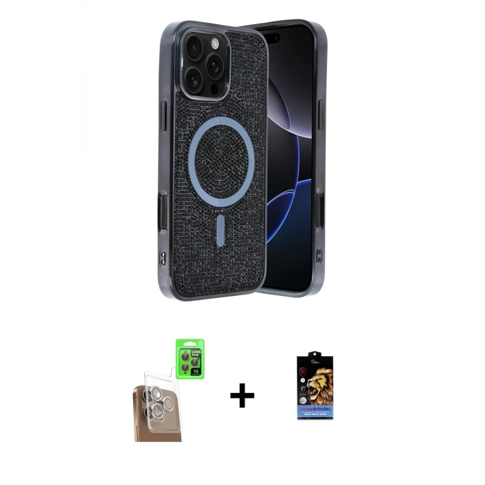 ieg™ iPhone 16 Pro Max Kılıf Eksen Çizgi - Siyah Buffer Hayalet Cam Ekran Koruyucu + Raze Metal Kamera Lens - CLTM