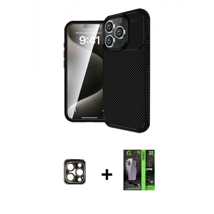 ieg™ iPhone 16 Pro Max Kılıf Eksen Form Prime - Şeffaf 360 Full Body Arka Koruyucu + PVD Metal Kamera Lens - GD