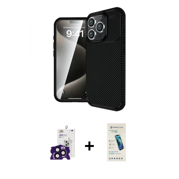 ieg™ iPhone 16 Pro Max Kılıf Eksen Form Prime - Şeffaf Pasifik Cam Ekran Koruyucu + Bilvis Titan Kamera Lens - SH