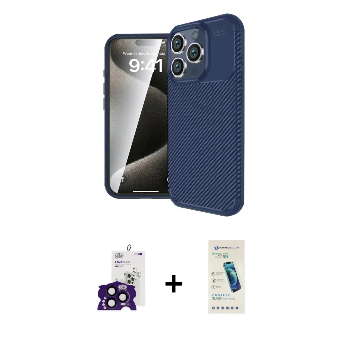 ieg™ iPhone 16 Pro Max Kılıf Eksen Form Prime - Şeffaf Pasifik Cam Ekran Koruyucu + Bilvis Titan Kamera Lens - SH
