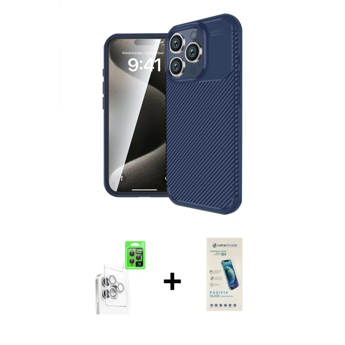 ieg™ iPhone 16 Pro Max Kılıf Eksen Form Prime - Şeffaf Pasifik Cam Ekran Koruyucu + Raze Metal Kamera Lens - BZ