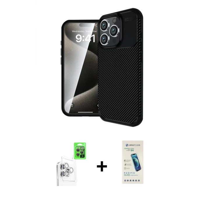 ieg™ iPhone 16 Pro Max Kılıf Eksen Form Prime - Şeffaf Pasifik Cam Ekran Koruyucu + Raze Metal Kamera Lens - BZ