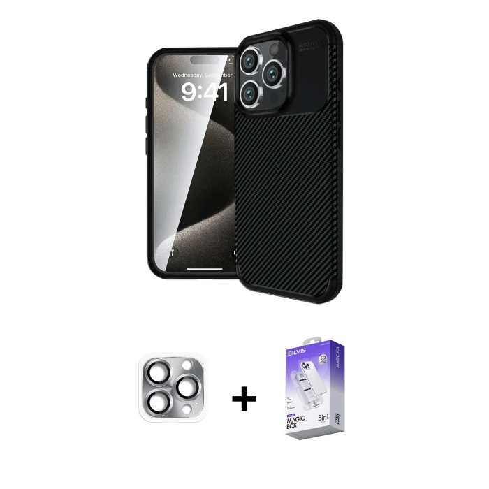 ieg™ iPhone 16 Pro Max Kılıf Eksen Form Prime - Siyah Bilvis 5in1 3D Magic Cam Ekran Koruyucu + Pers Alüminyum Kamera Lens - GI