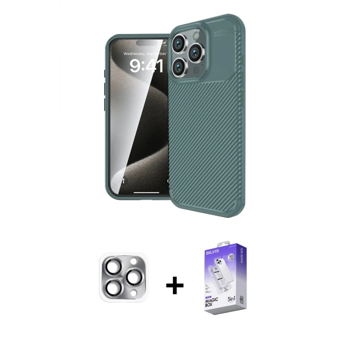 ieg™ iPhone 16 Pro Max Kılıf Eksen Form Prime - Siyah Bilvis 5in1 3D Magic Cam Ekran Koruyucu + Pers Alüminyum Kamera Lens - GI