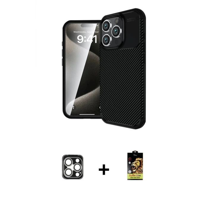ieg™ iPhone 16 Pro Max Kılıf Eksen Form Prime - Siyah Buffer Cam Ekran Koruyucu + PVD Metal Kamera Lens - GS