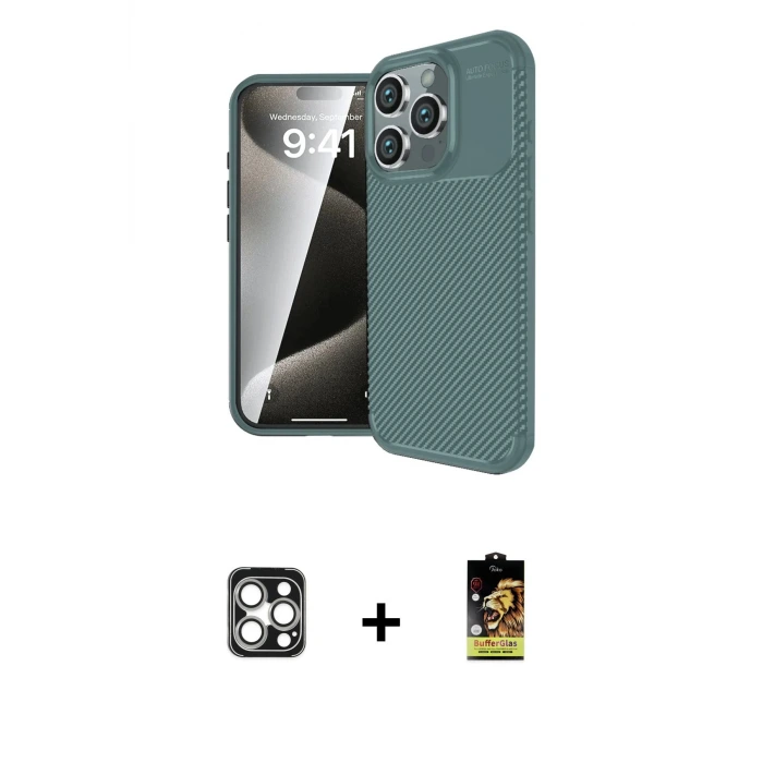 ieg™ iPhone 16 Pro Max Kılıf Eksen Form Prime - Siyah Buffer Cam Ekran Koruyucu + PVD Metal Kamera Lens - GS