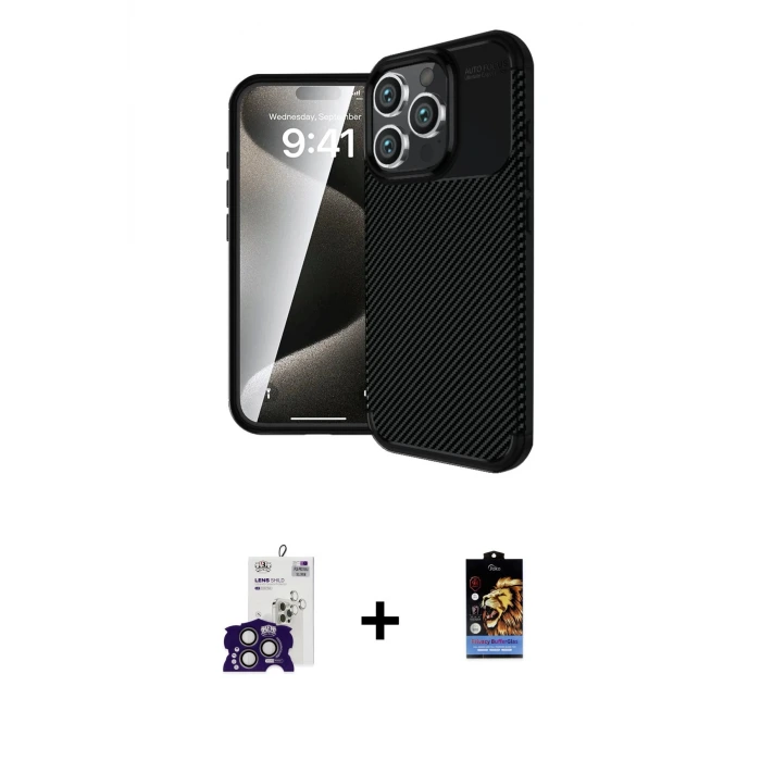 ieg™ iPhone 16 Pro Max Kılıf Eksen Form Prime - Siyah Buffer Hayalet Cam Ekran Koruyucu + Bilvis Titan Kamera Lens - TMGI