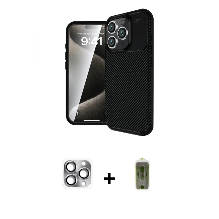 ieg™ iPhone 16 Pro Max Kılıf Eksen Form Prime - Siyah Joko Magic 5D Hayalet Cam + Pers Alüminyum Kamera Lens - GI