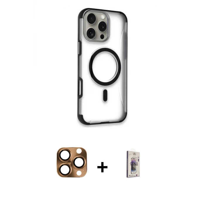 ieg™ iPhone 16 Pro Max Kılıf Eksen Klasik Koleksiyonu - Siyah Bilvis 3D Cam Ekran Koruyucu + Pers Alüminyum Kamera Lens - CLTM