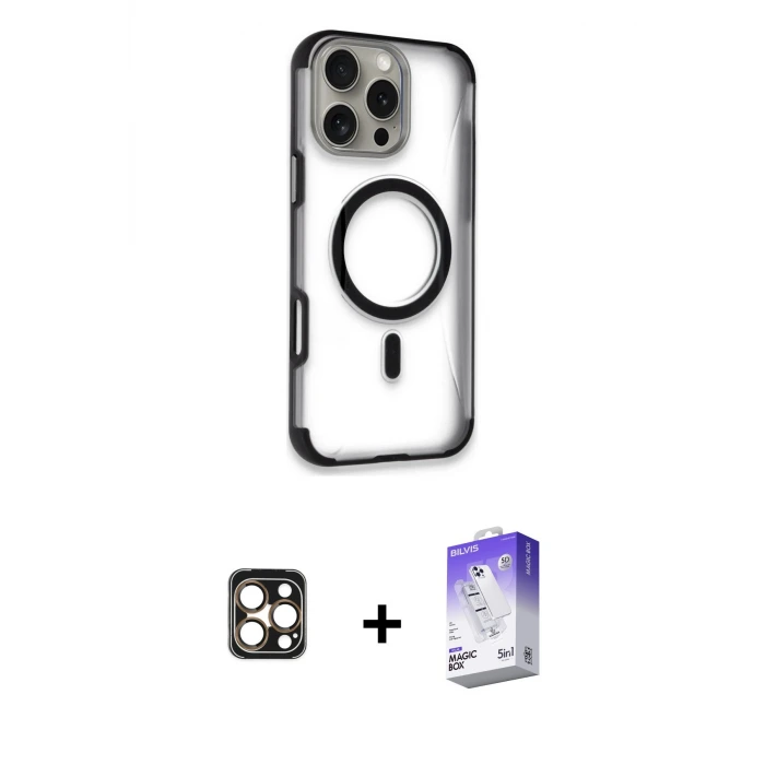 ieg™ iPhone 16 Pro Max Kılıf Eksen Klasik Koleksiyonu - Siyah Bilvis 5in1 3D Magic Cam Ekran Koruyucu + PVD Metal Kamera Lens - GD
