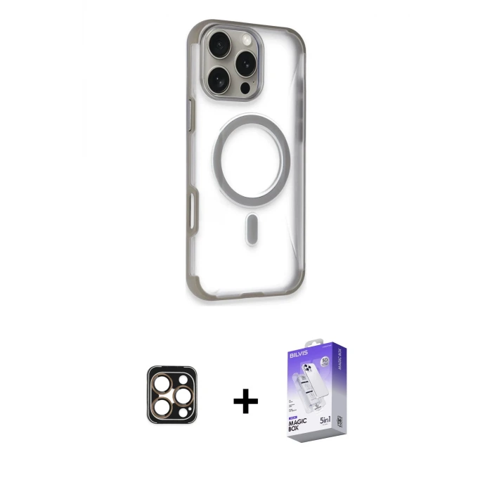 ieg™ iPhone 16 Pro Max Kılıf Eksen Klasik Koleksiyonu - Siyah Bilvis 5in1 3D Magic Cam Ekran Koruyucu + PVD Metal Kamera Lens - GD