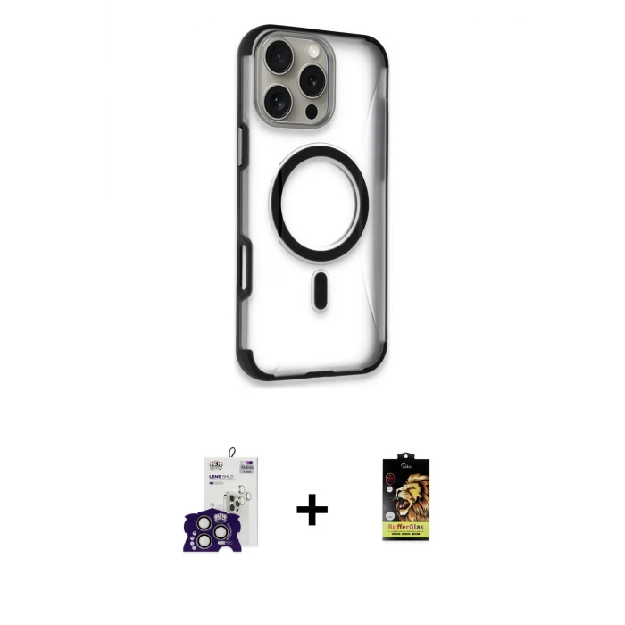 ieg™ iPhone 16 Pro Max Kılıf Eksen Klasik Koleksiyonu - Siyah Buffer Cam Ekran Koruyucu + Bilvis Titan Kamera Lens - TMGI