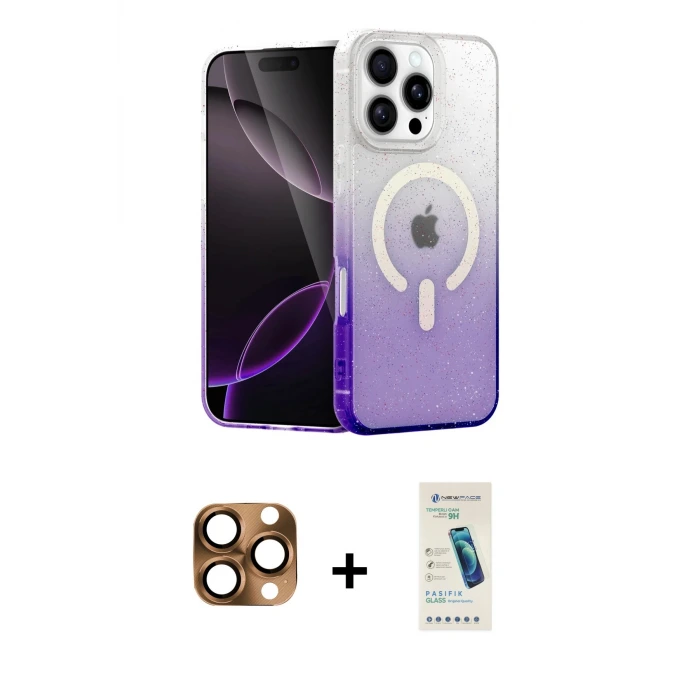 ieg™ iPhone 16 Pro Max Kılıf Eksen Minimal Özel Seri - Şeffaf Pasifik Cam Ekran Koruyucu + Pers Alüminyum Kamera Lens - CLTM