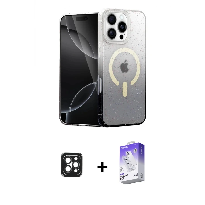ieg™ iPhone 16 Pro Max Kılıf Eksen Minimal Özel Seri - Siyah Bilvis 5in1 3D Magic Cam Ekran Koruyucu + PVD Metal Kamera Lens - SH
