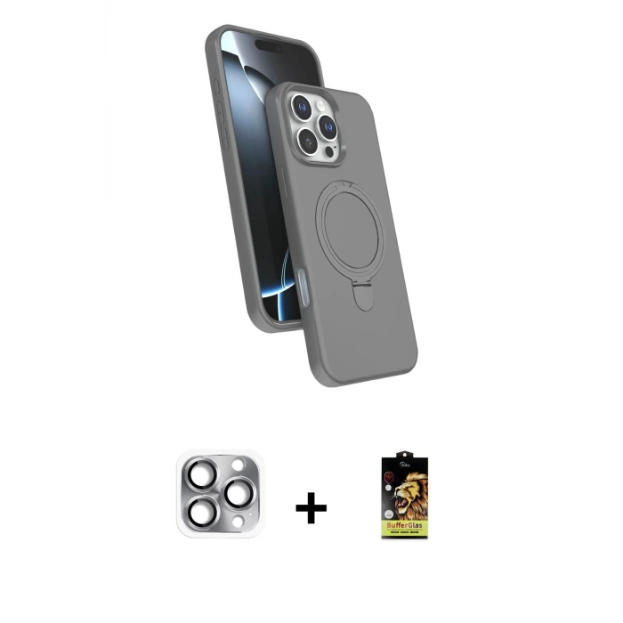 ieg™ iPhone 16 Pro Max Kılıf İz Işık Koleksiyonu - Siyah Buffer Cam Ekran Koruyucu + Pers Alüminyum Kamera Lens - GI
