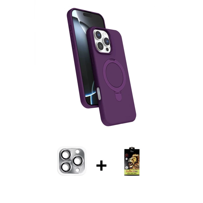 ieg™ iPhone 16 Pro Max Kılıf İz Işık Koleksiyonu - Siyah Buffer Cam Ekran Koruyucu + Pers Alüminyum Kamera Lens - GI