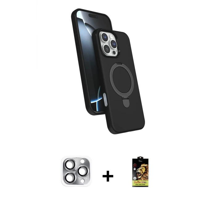 ieg™ iPhone 16 Pro Max Kılıf İz Işık Koleksiyonu - Siyah Buffer Cam Ekran Koruyucu + Pers Alüminyum Kamera Lens - GI