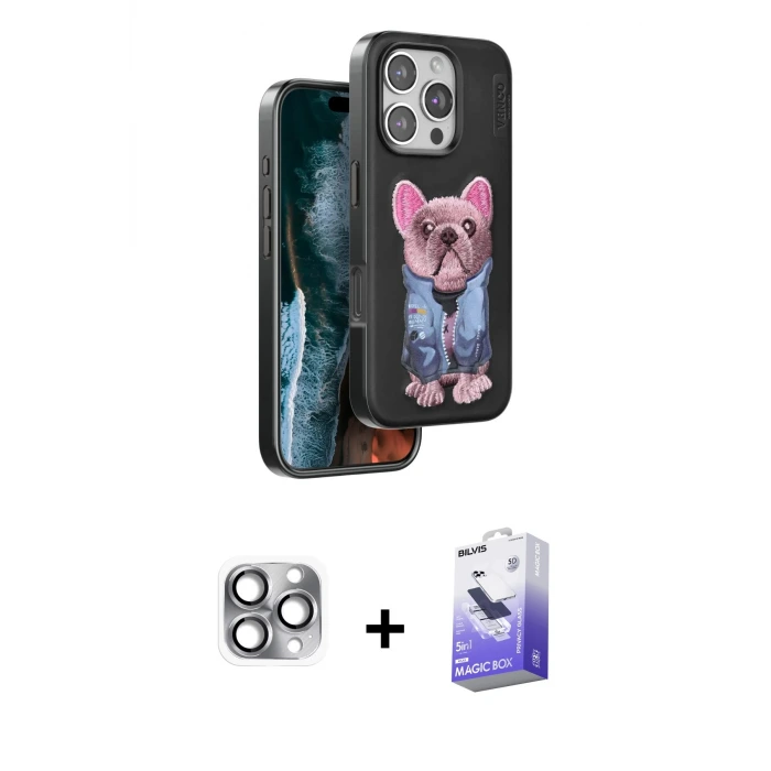 ieg™ iPhone 16 Pro Max Kılıf İz Minimal Koleksiyonu - Siyah Bilvis 5in1 5D Magic Hayalet Cam Ekran Koruyucu + Pers Alüminyum Kamera Lens - GI